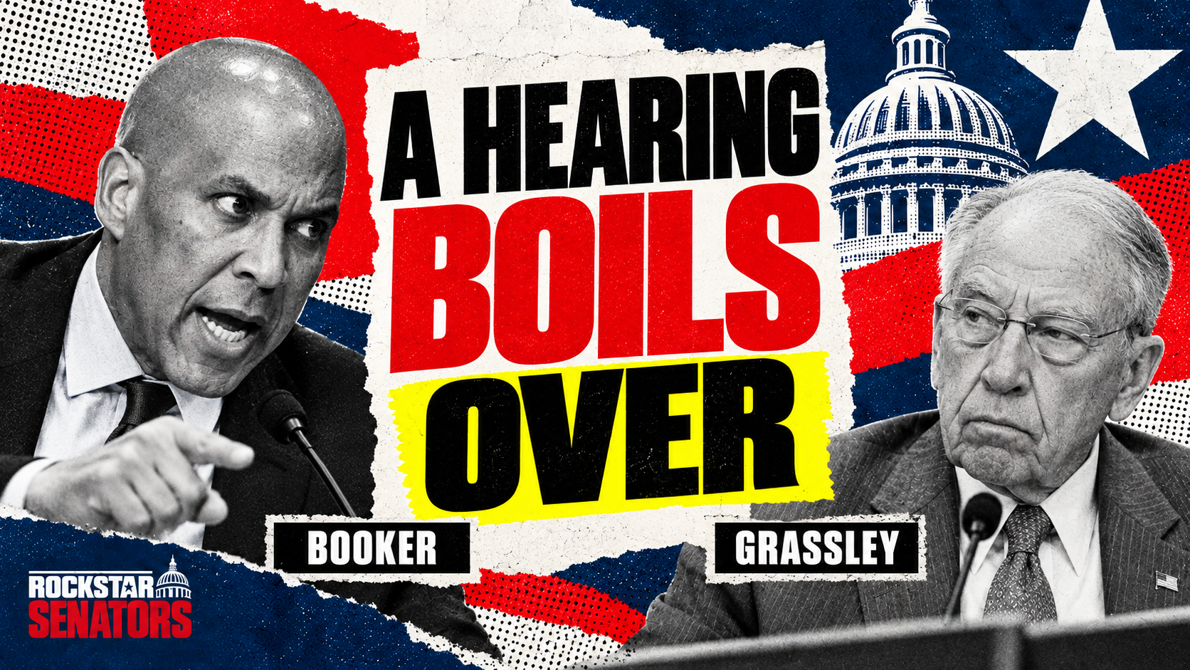 Editorial collage of Cory Booker and Chuck Grassley during the FBI oversight hearing: A hearing boils over